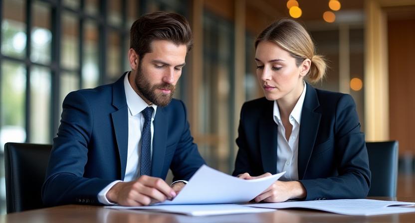 Two professionals in a modern steel-walled office discussing a contract