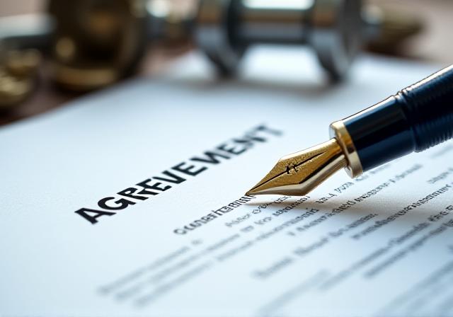 Close-up of a contract being reviewed with a high-end metal fountain pen and steel industrial components in the background